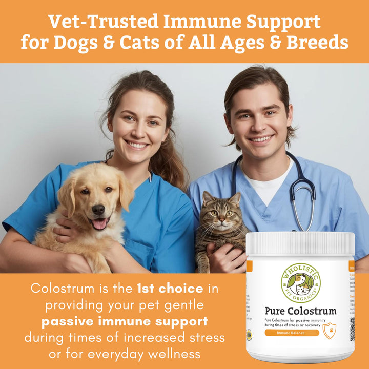 Wholistic Pet Organics colostrum cat powder bottle for immune balance.