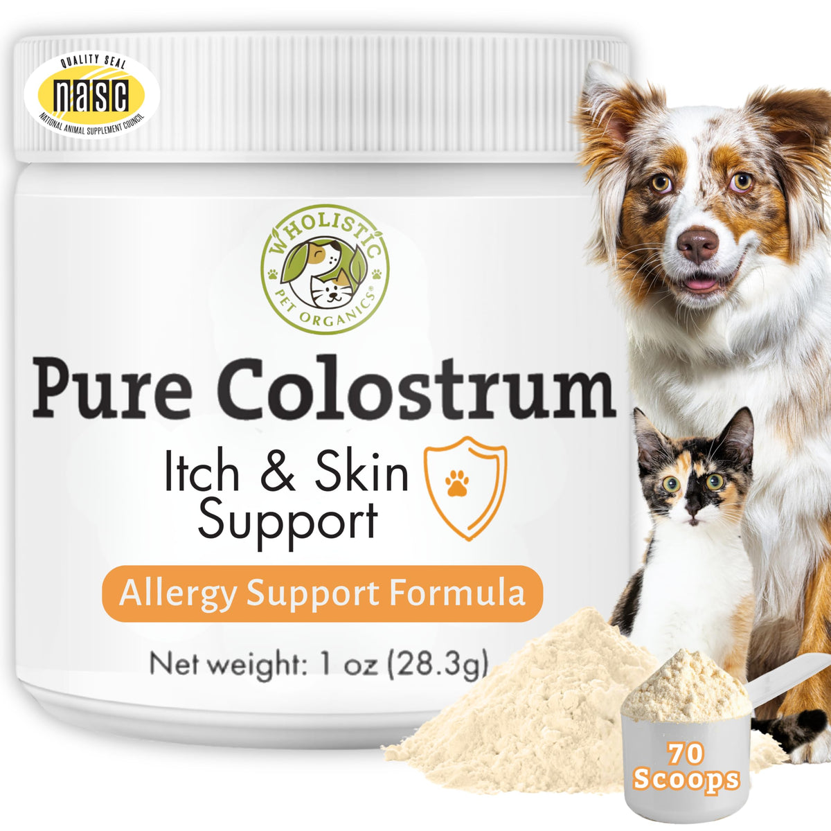 Wholistic Pet Organics colostrum powder in a dog tub closeup supports immune health