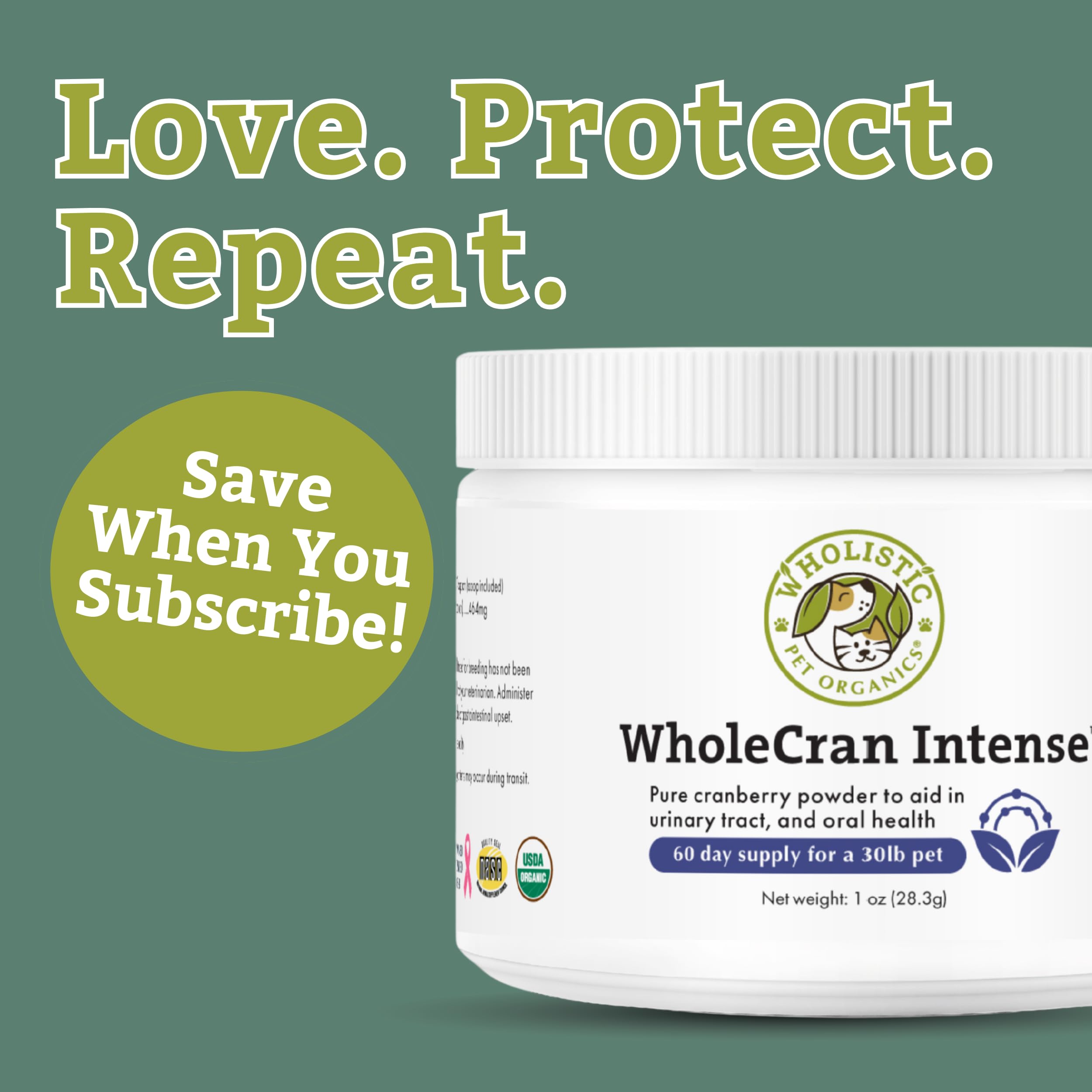 Wholistic Pet Organics Cranberry 60-scoop pack supports ongoing daily use.