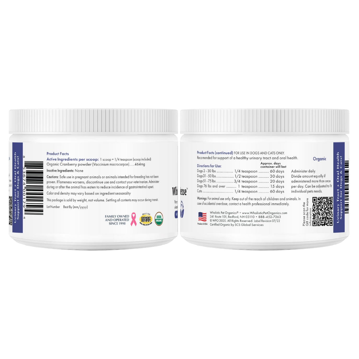 Wholistic Pet Organics Cranberry may help reduce plaque-forming bacteria for dental care.