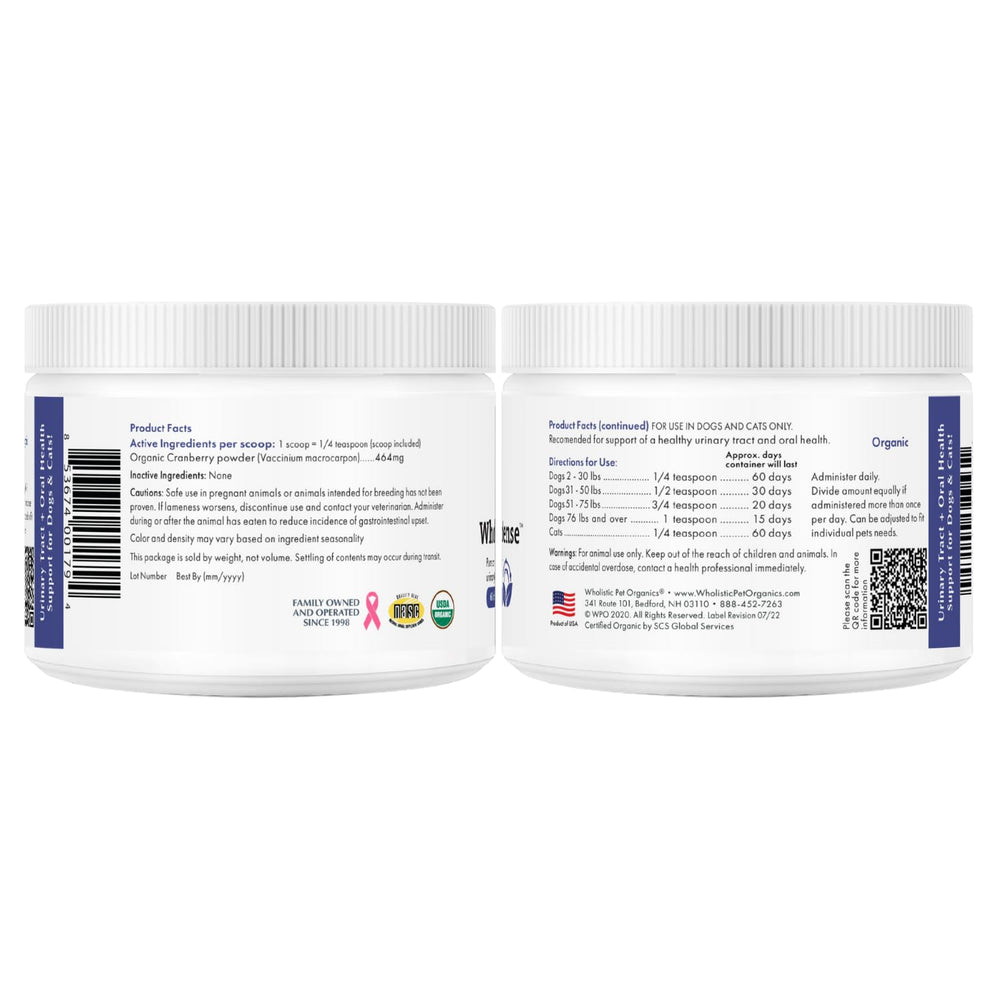 Wholistic Pet Organics Cranberry may help reduce plaque-forming bacteria for dental care.