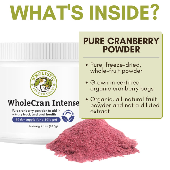 Wholistic Pet Organics Cranberry powder pour-dispense eases meal mixing.