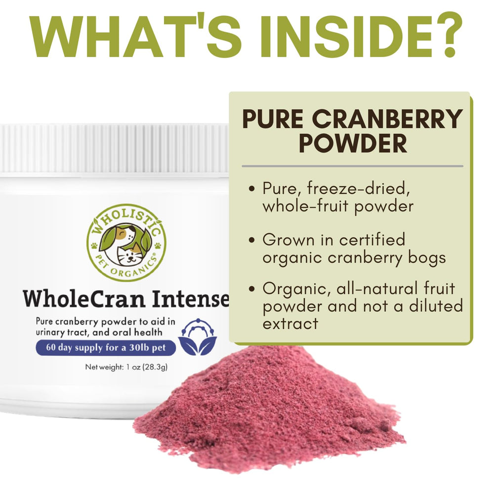 Wholistic Pet Organics Cranberry powder pour-dispense eases meal mixing.