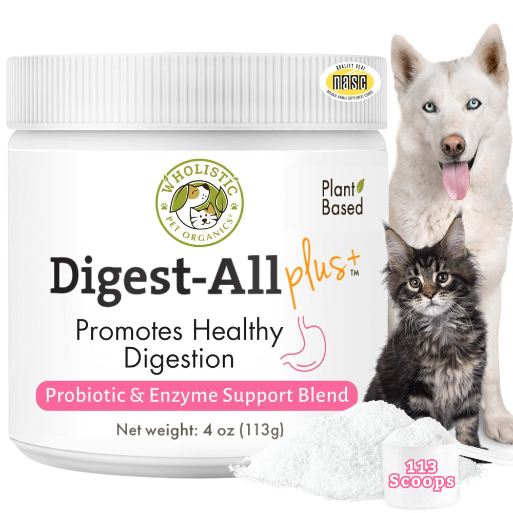 Wholistic Pet Organics Daily Probiotics bottle supports digestive balance for pets