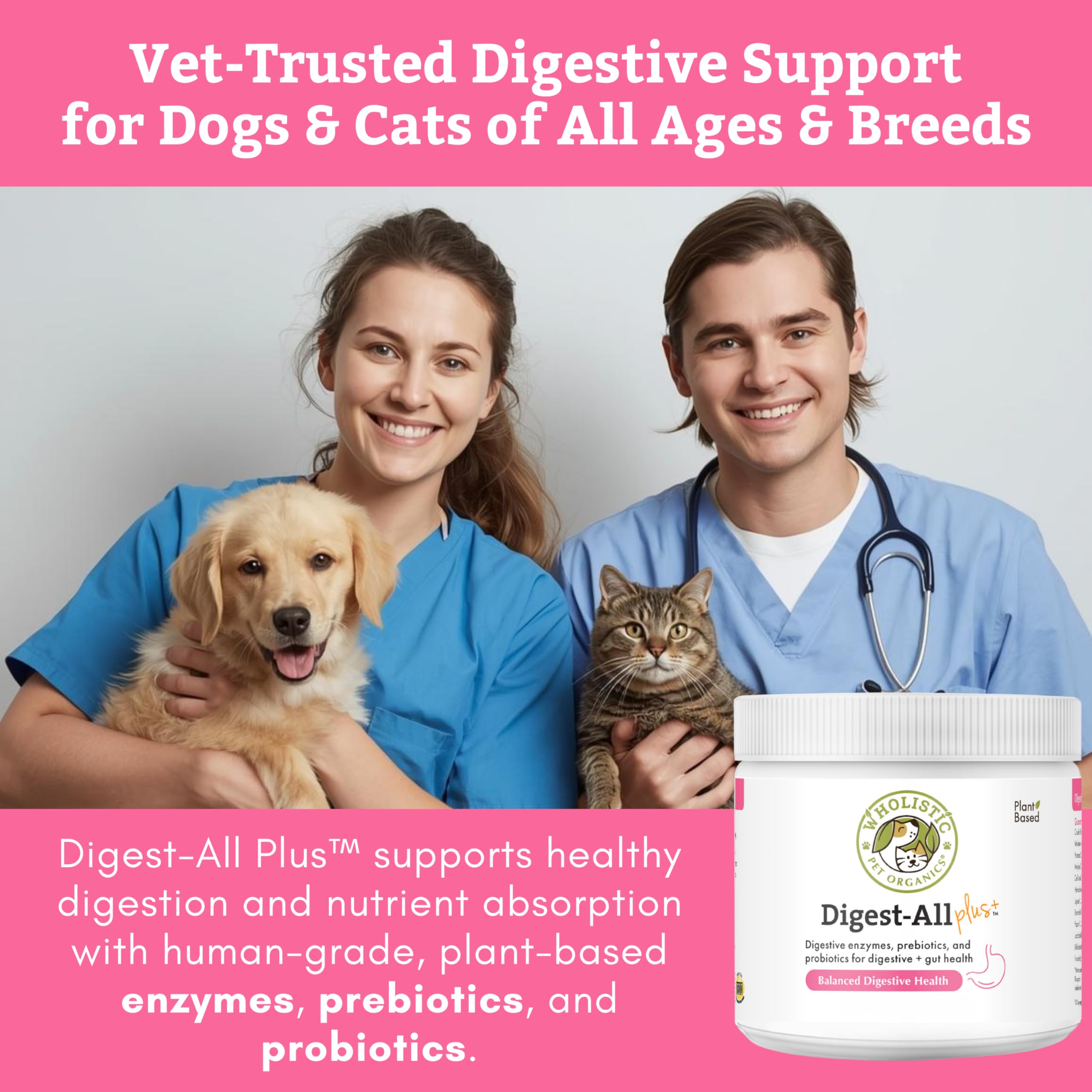 Wholistic Pet Organics daily cat probiotics tub shown for gut balance.