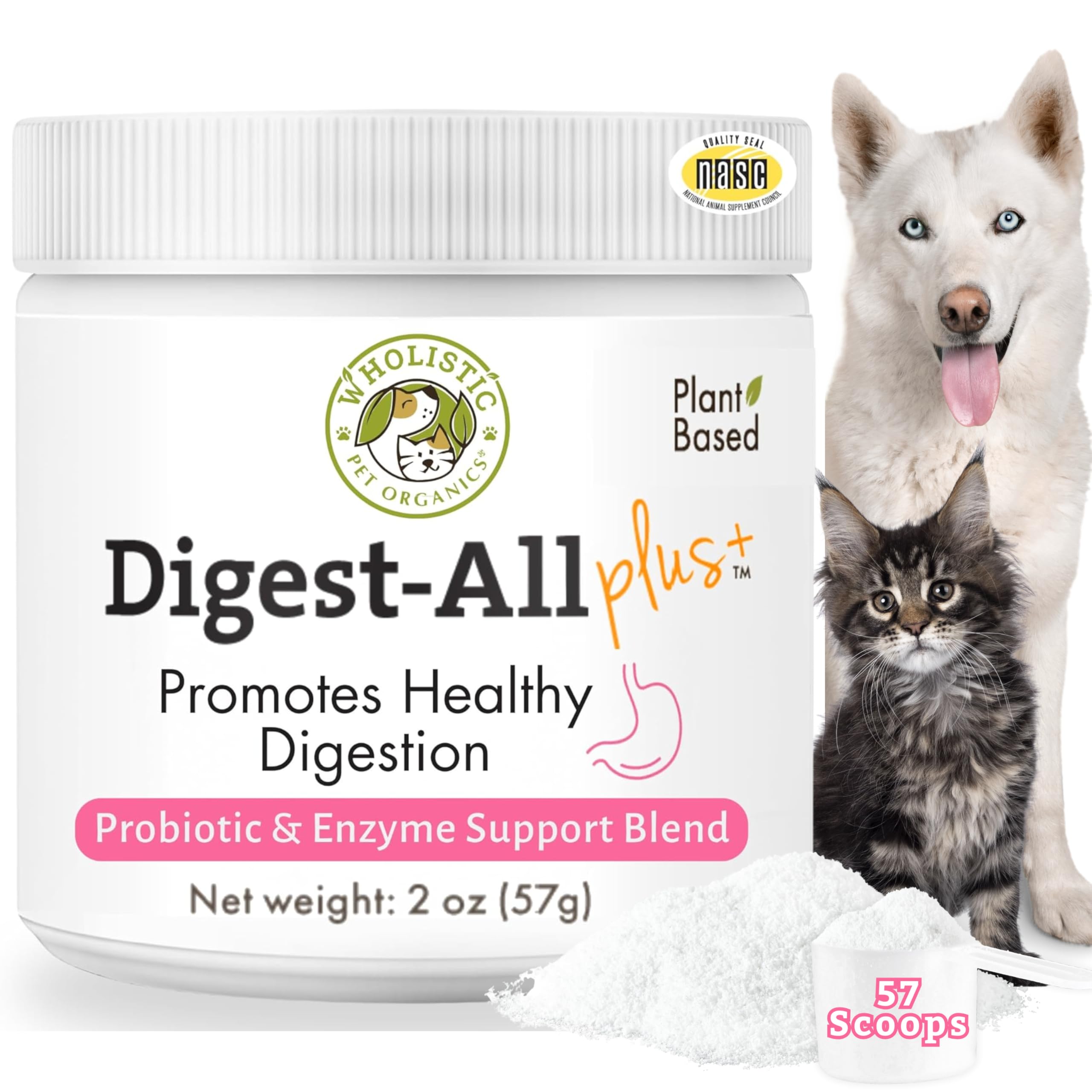 Wholistic Pet Organics dog probiotics bottle promoting gut balance