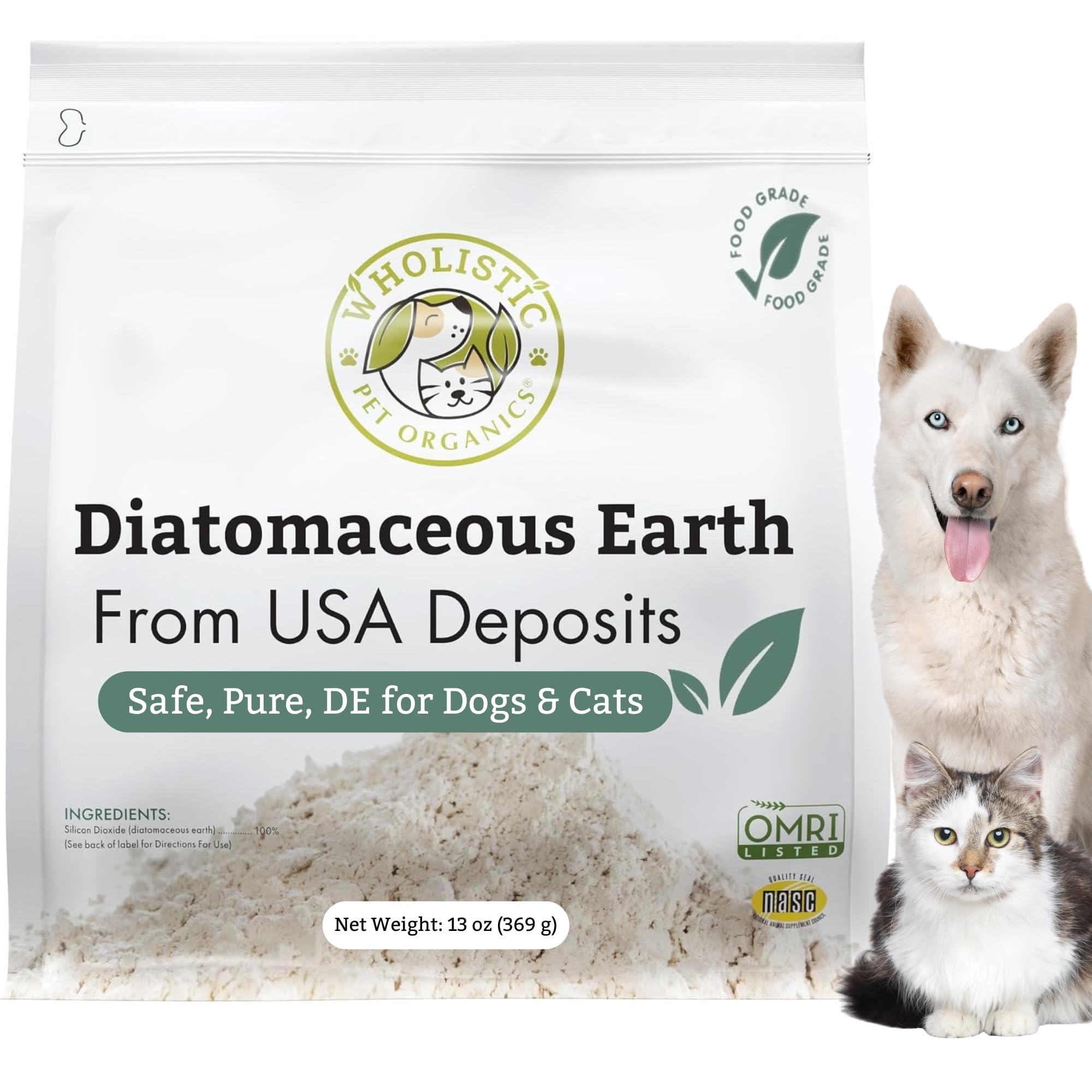 Wholistic Pet Organics diatomaceous earth powder bottle for versatile, safe, food-grade use
