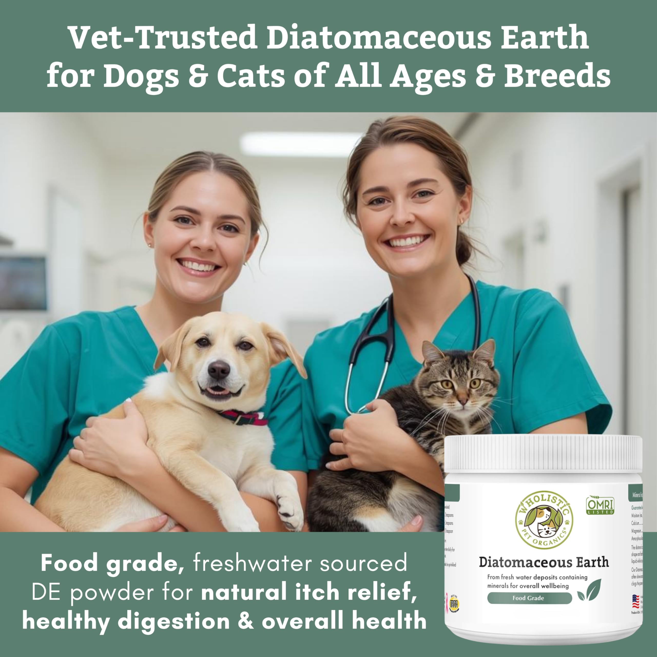 Wholistic Pet Organics DE powder beside a cat for topical or dietary use