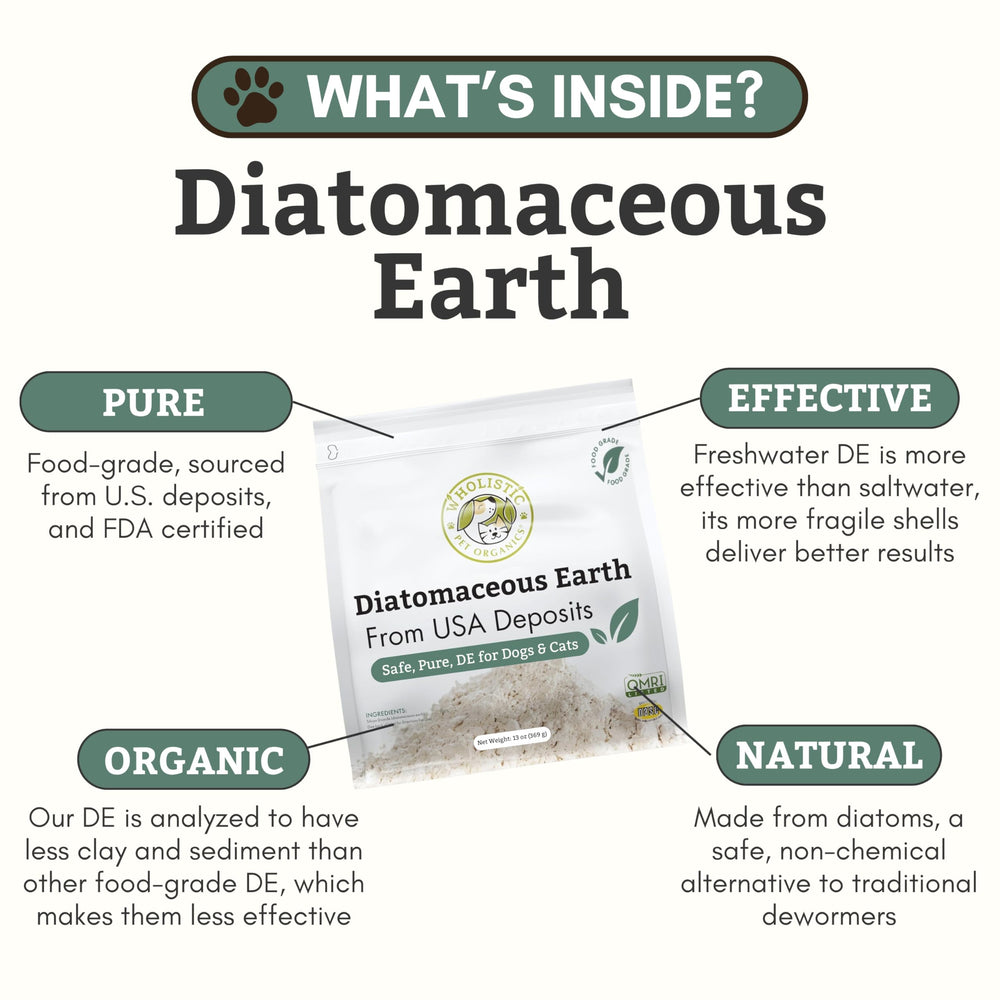 Wholistic Pet Organics diatomaceous earth powder close-up showing fine texture for mixing