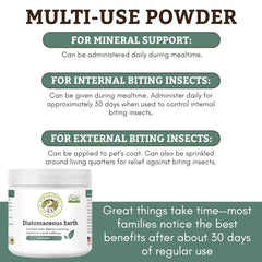Wholistic Pet Organics diatomaceous earth powder with a dog, convenient for internal use