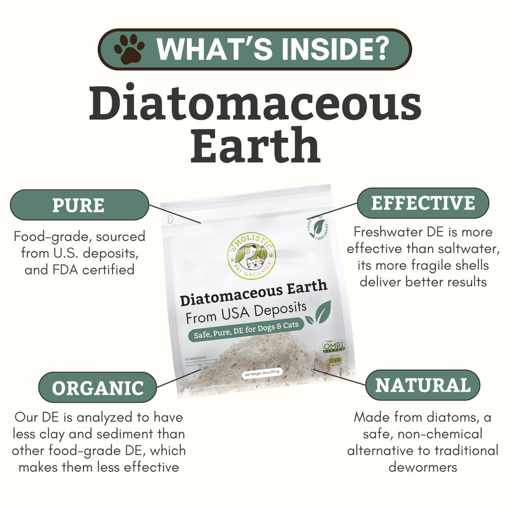 Wholistic Pet Organics DE powder shown with meals for dogs and cats.