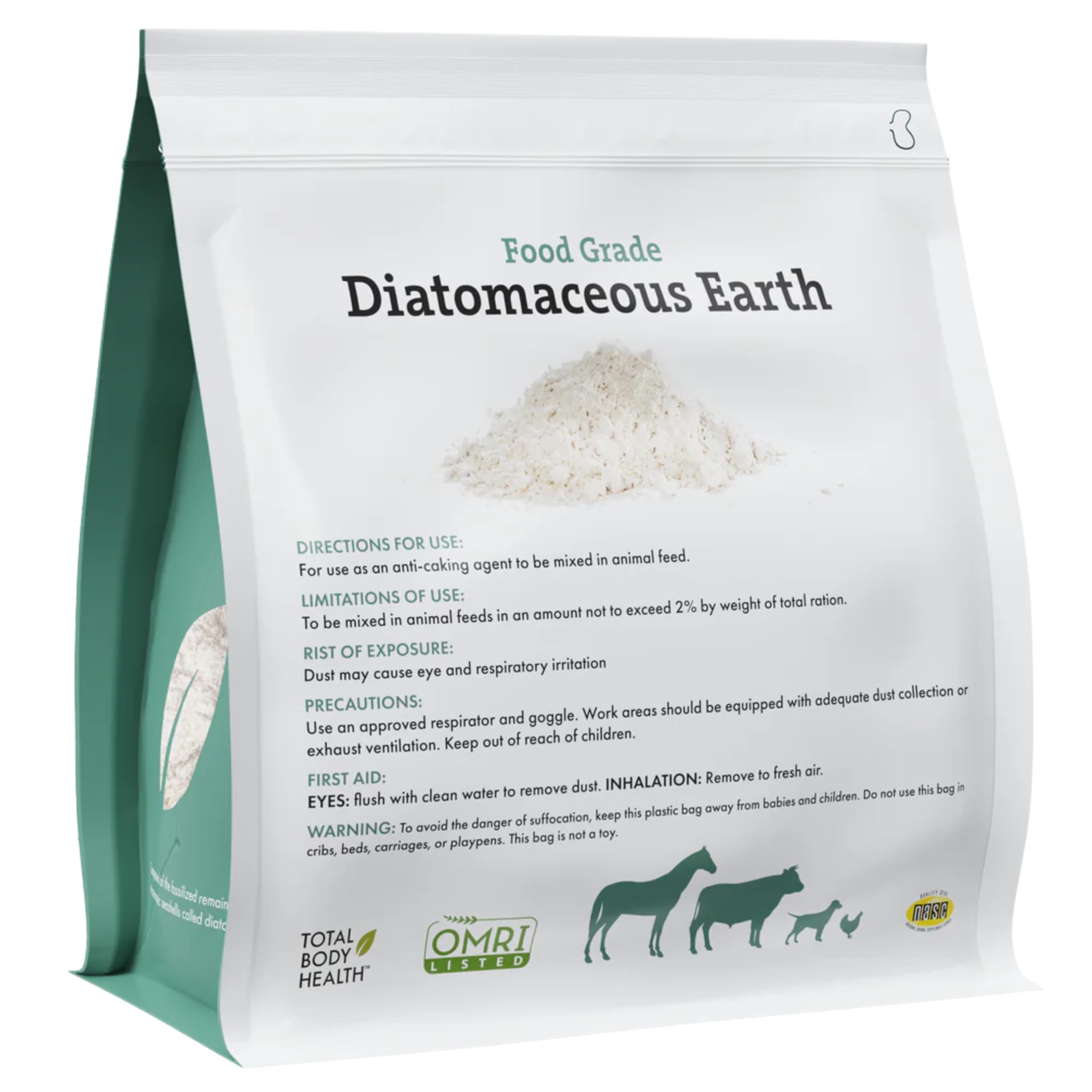 Wholistic Pet Organics NASC-certified DE powder label shows quality controls.