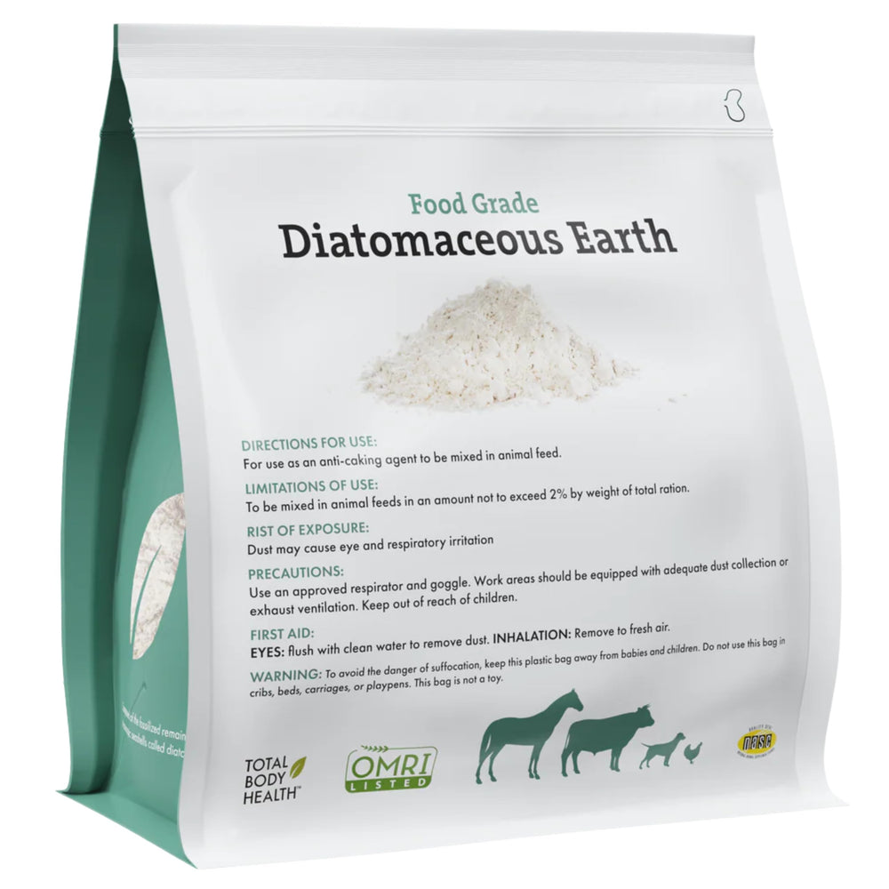Wholistic Pet Organics NASC-certified DE powder label shows quality controls.