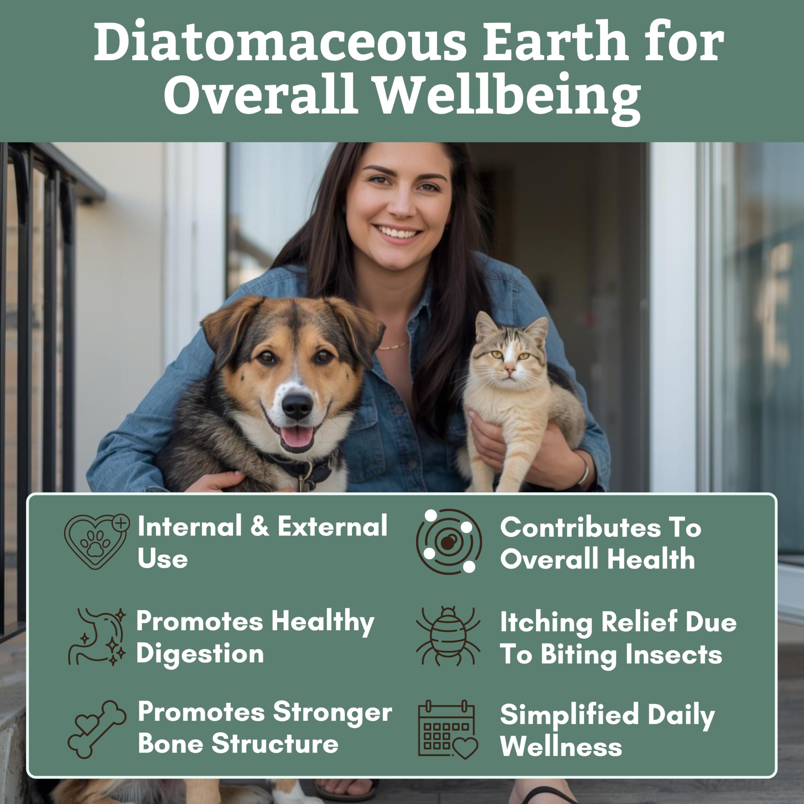 Wholistic Pet Organics DE powder scoop demonstrates easy dosing for routines.
