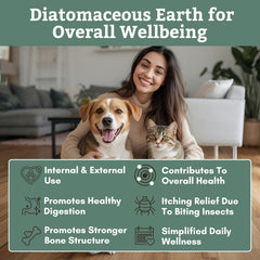 Wholistic Pet Organics DE powder scoop highlighting easy measuring for pet care