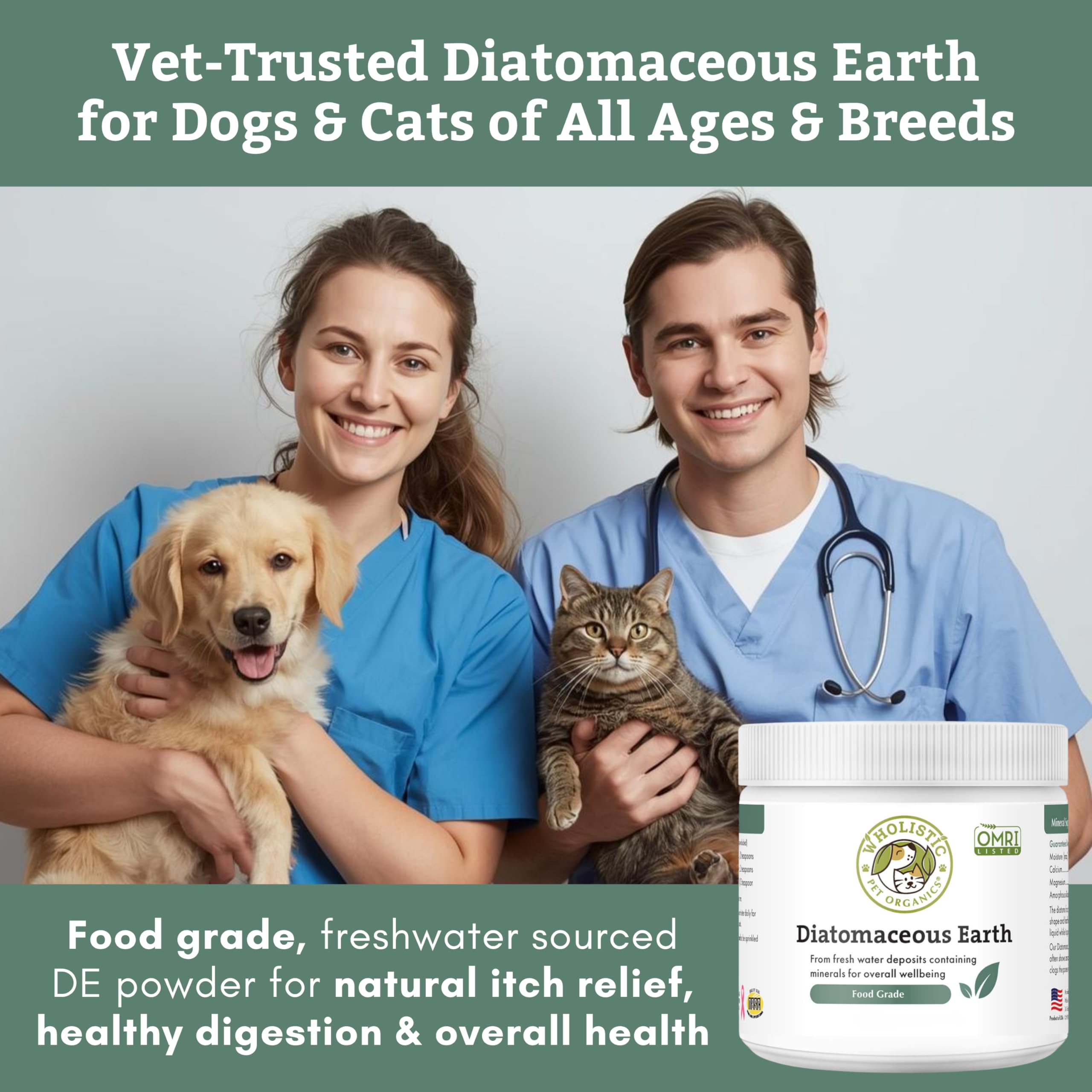 Wholistic Pet Organics DE powder use-scene highlights toxin absorption potential.