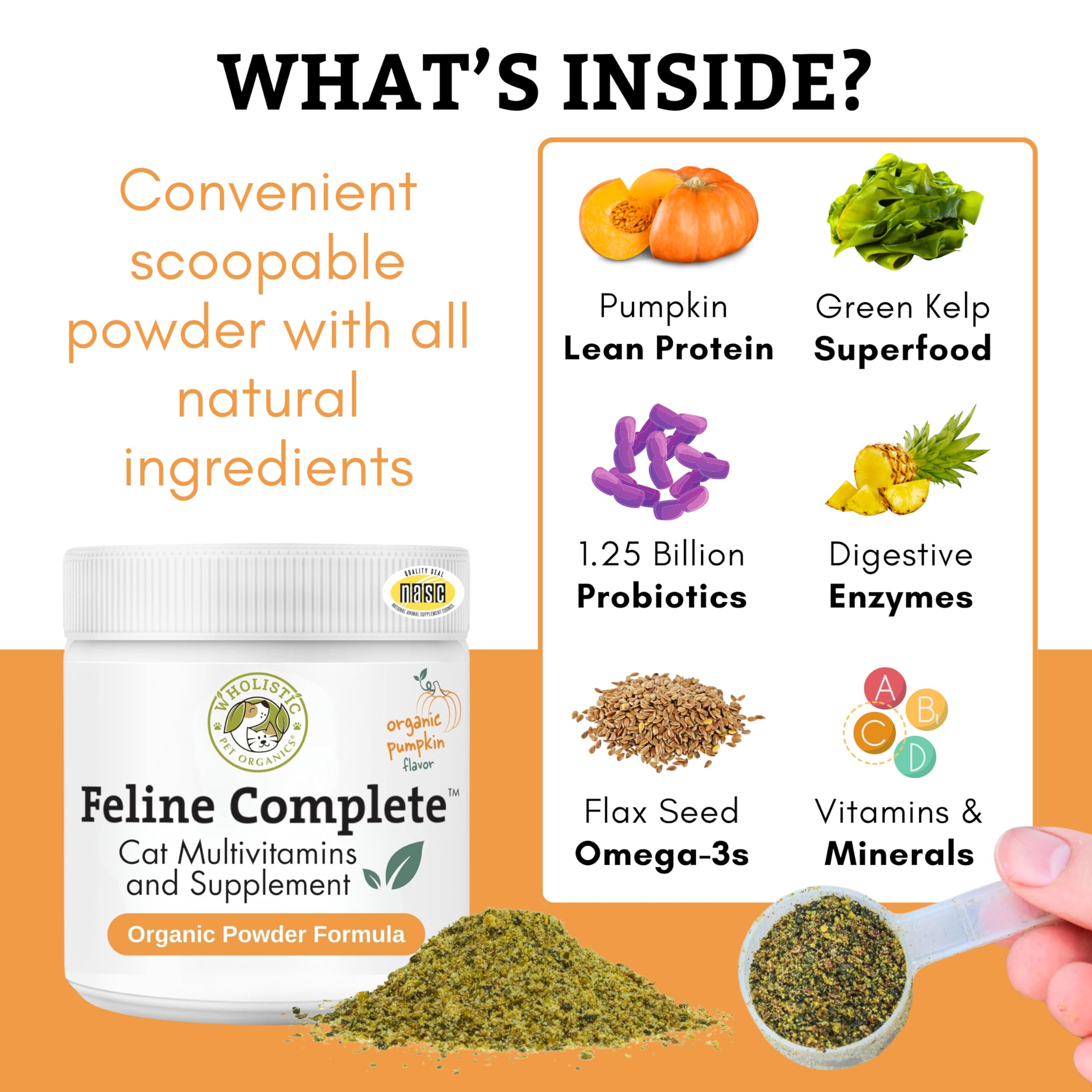 Wholistic Pet Organics Feline Complete Organic Pumpkin container highlighting coat nourishment benefits