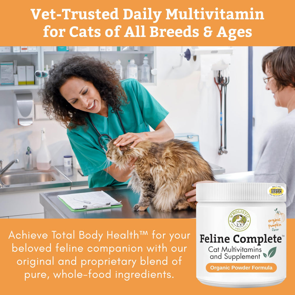 Wholistic Pet Organics Feline Complete Organic Pumpkin powder scoop aiding probiotic delivery