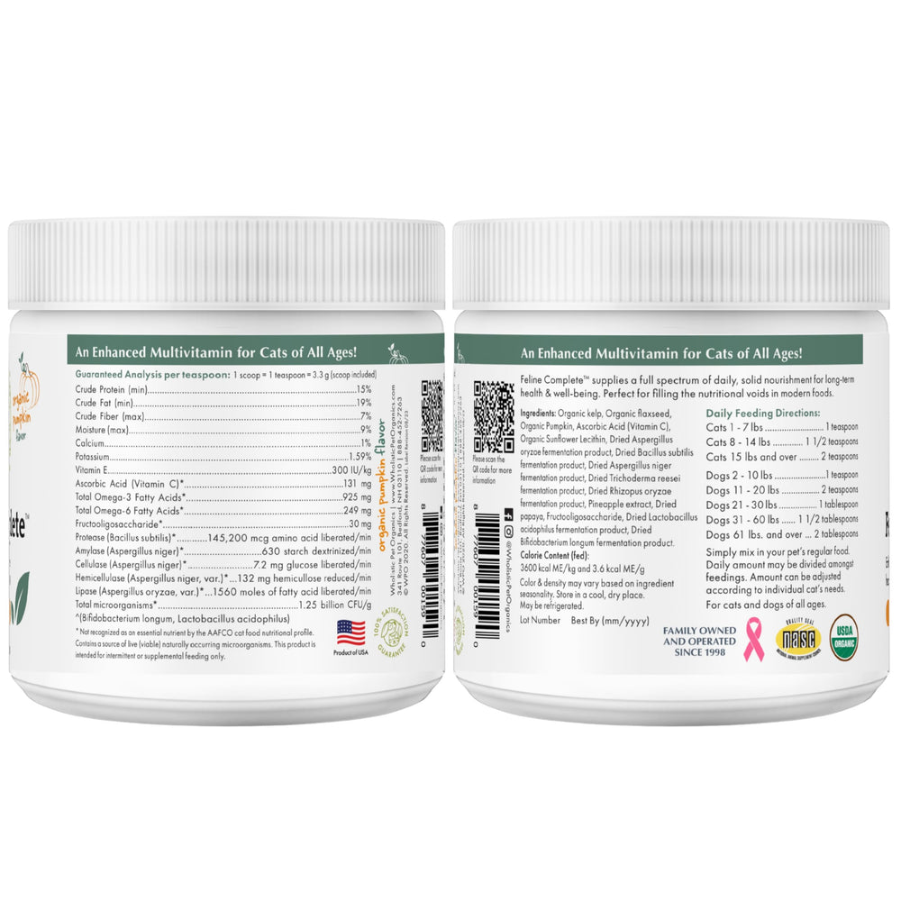 Wholistic Pet Organics Feline Complete Organic Pumpkin ready-to-serve powder in kitchen setting