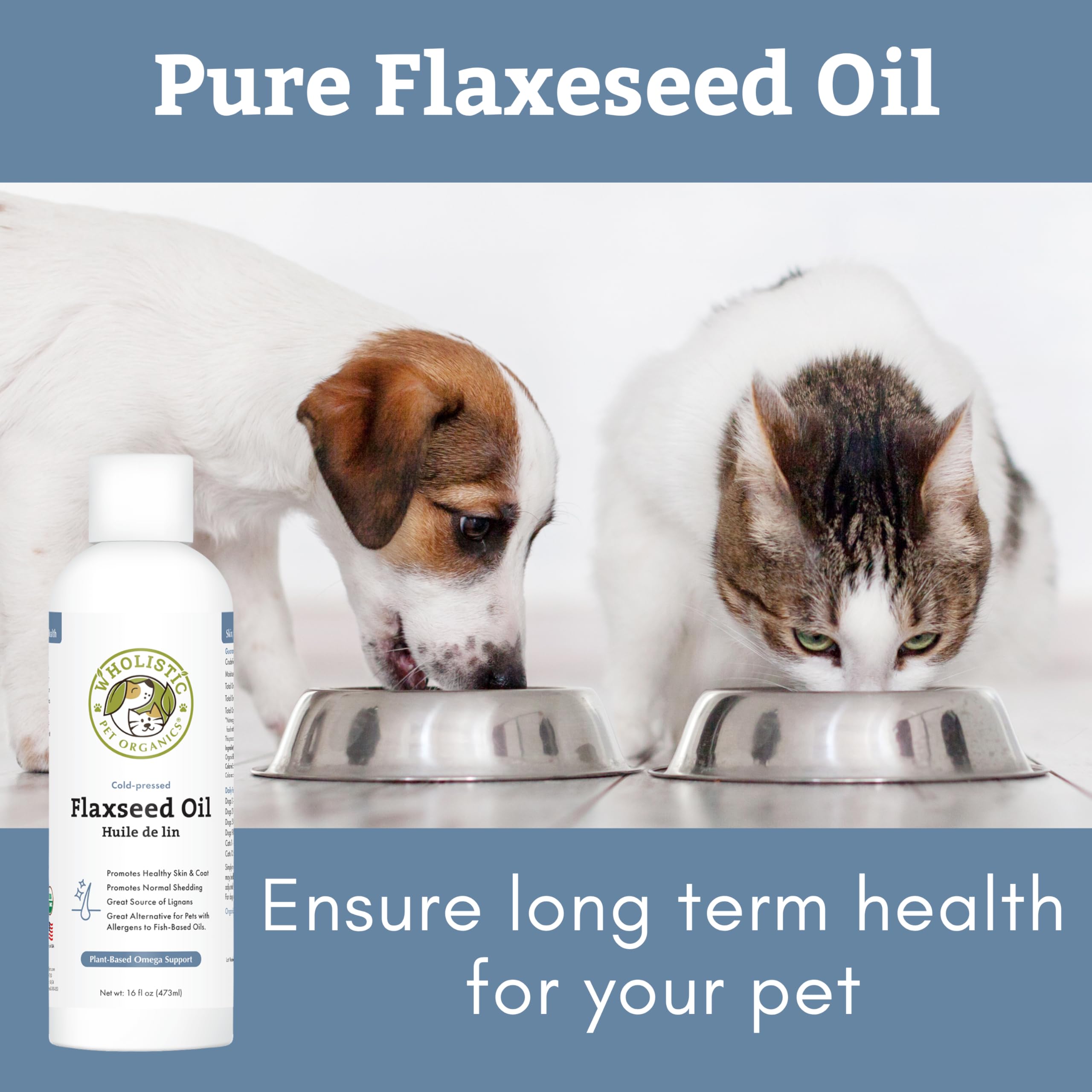 Wholistic Pet Organics flaxseed oil 90-day supply packaging.
