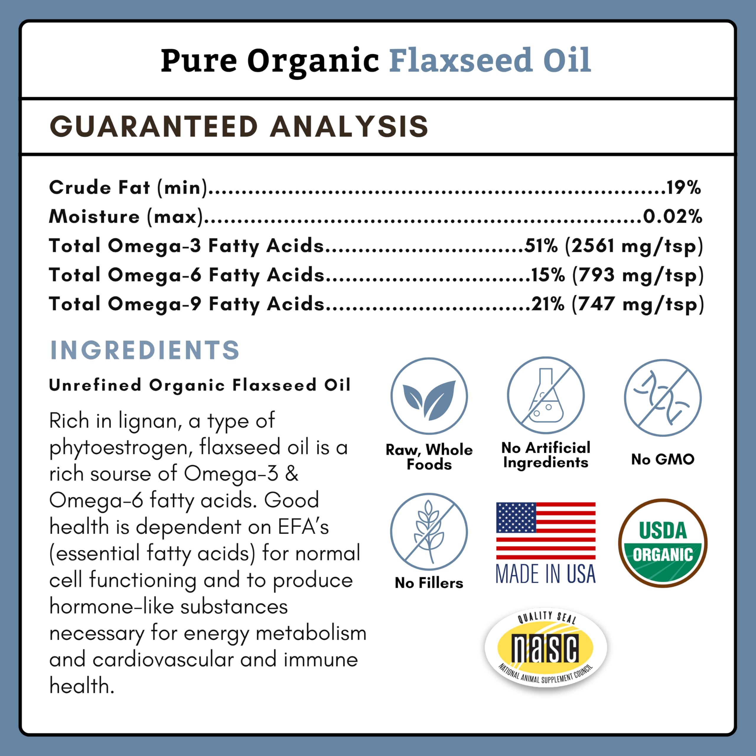 Wholistic Pet Organics flaxseed oil bottle on a fluffy dog.