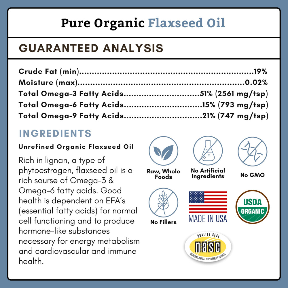 Wholistic Pet Organics flaxseed oil bottle on a fluffy dog.