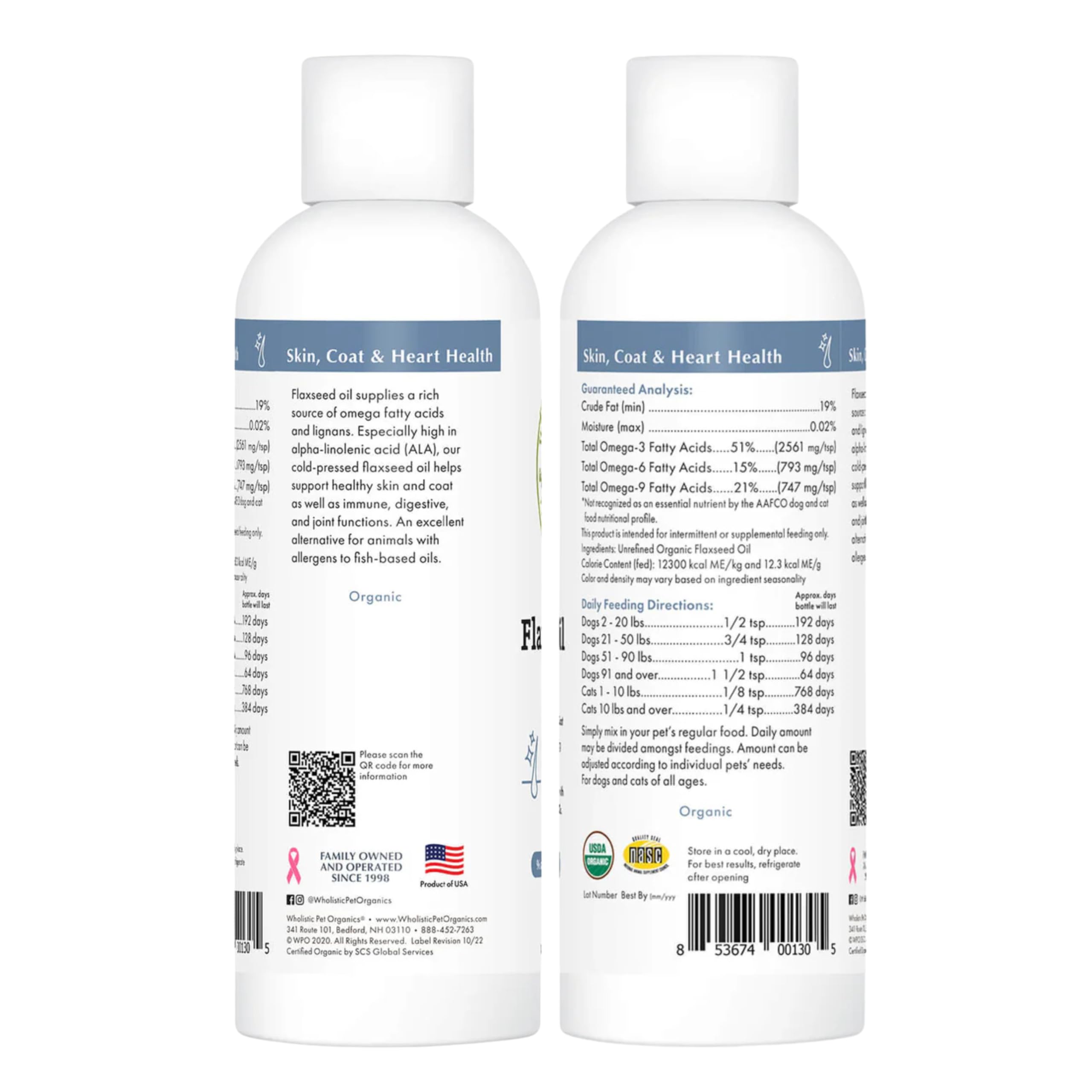 Wholistic Pet Organics flaxseed oil bottle on a pet care mat.