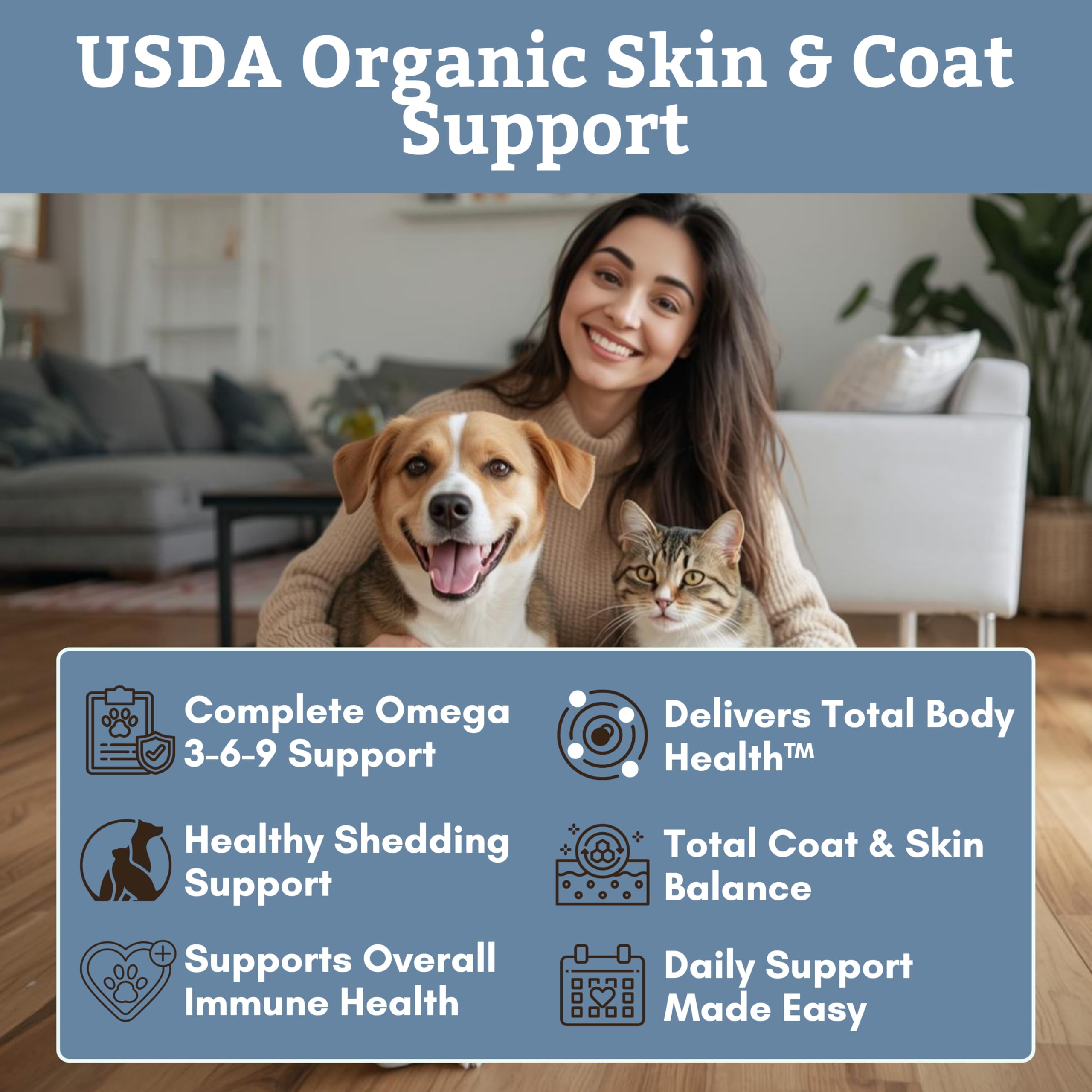 Wholistic Pet Organics flaxseed oil poured into a pet dish.
