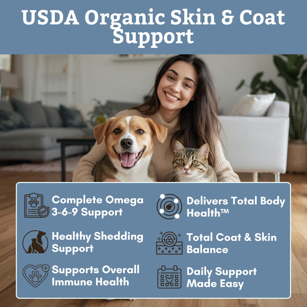 Wholistic Pet Organics flaxseed oil poured into a pet dish.