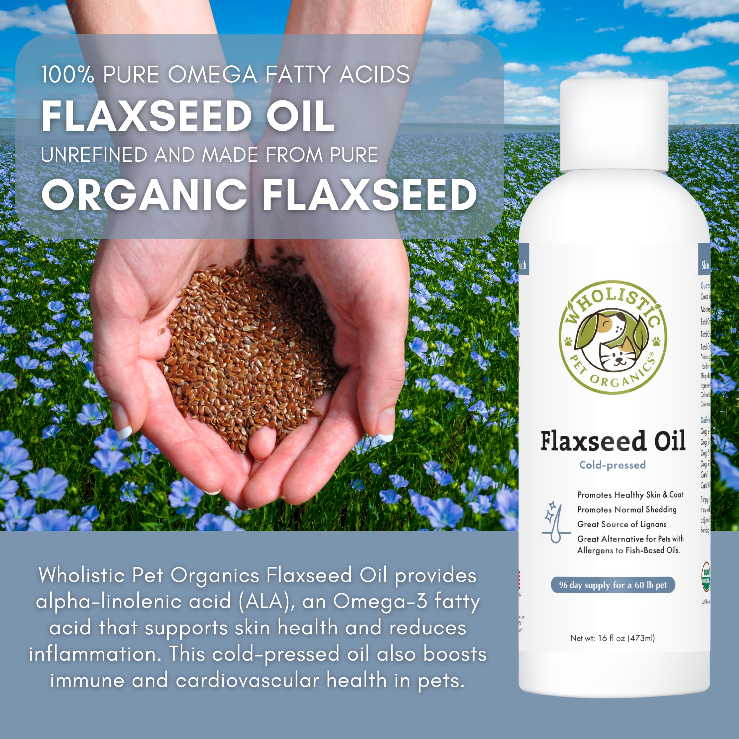 Wholistic Pet Organics flaxseed oil ingredients label highlights omega 3-6-9.