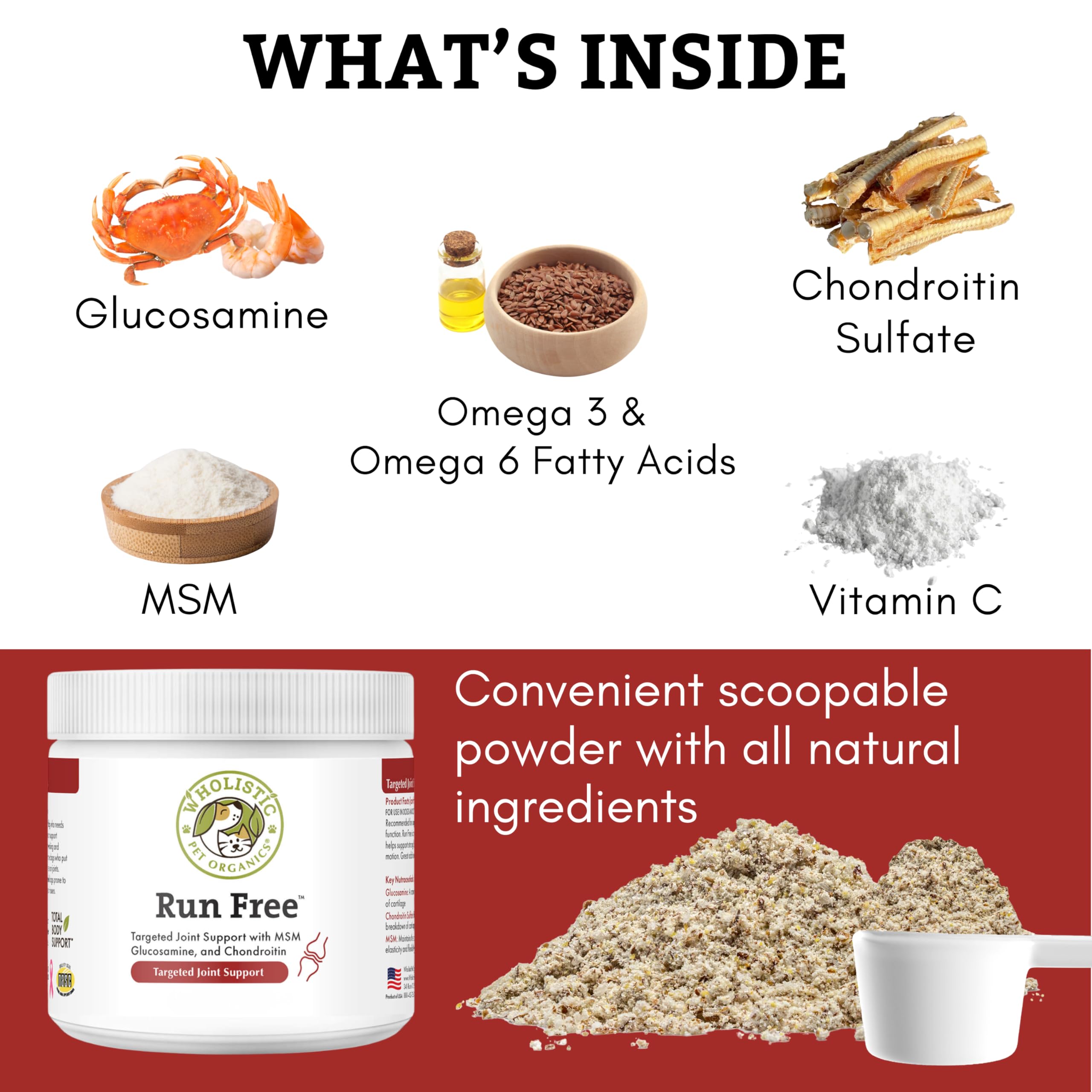 Green-lipped mussel ingredient highlighted on Wholistic Pet Organics label aiding comfort.