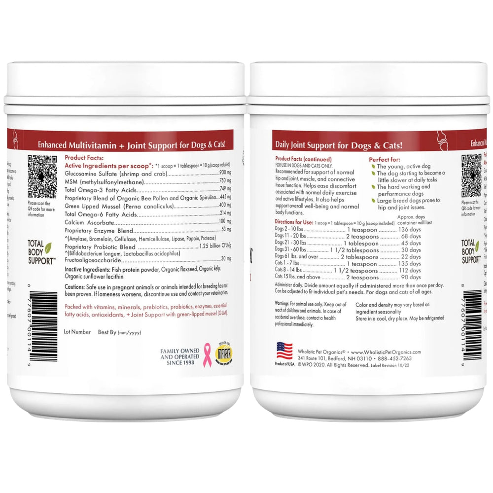 Wholistic Pet Organics lid-open presents ready-to-use hip and joint supplement