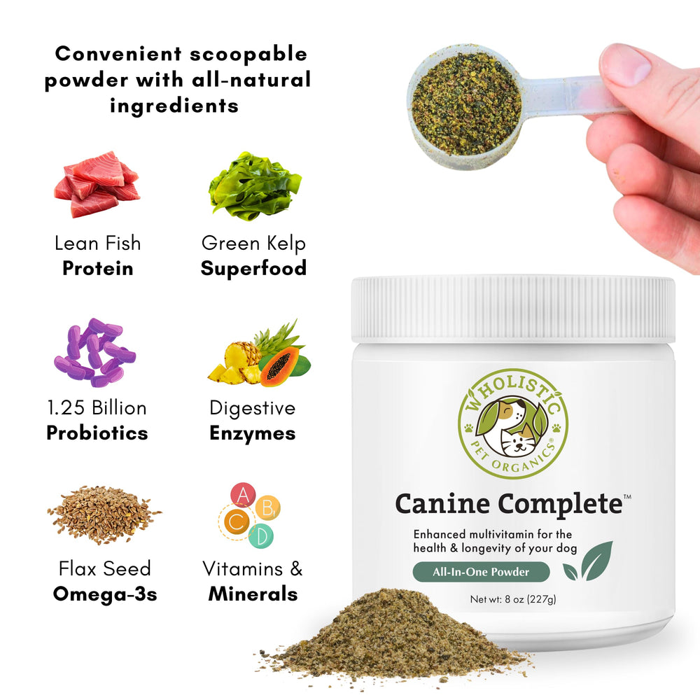 Wholistic Pet Organics homemade diet support: complete nutrients added to meals.
