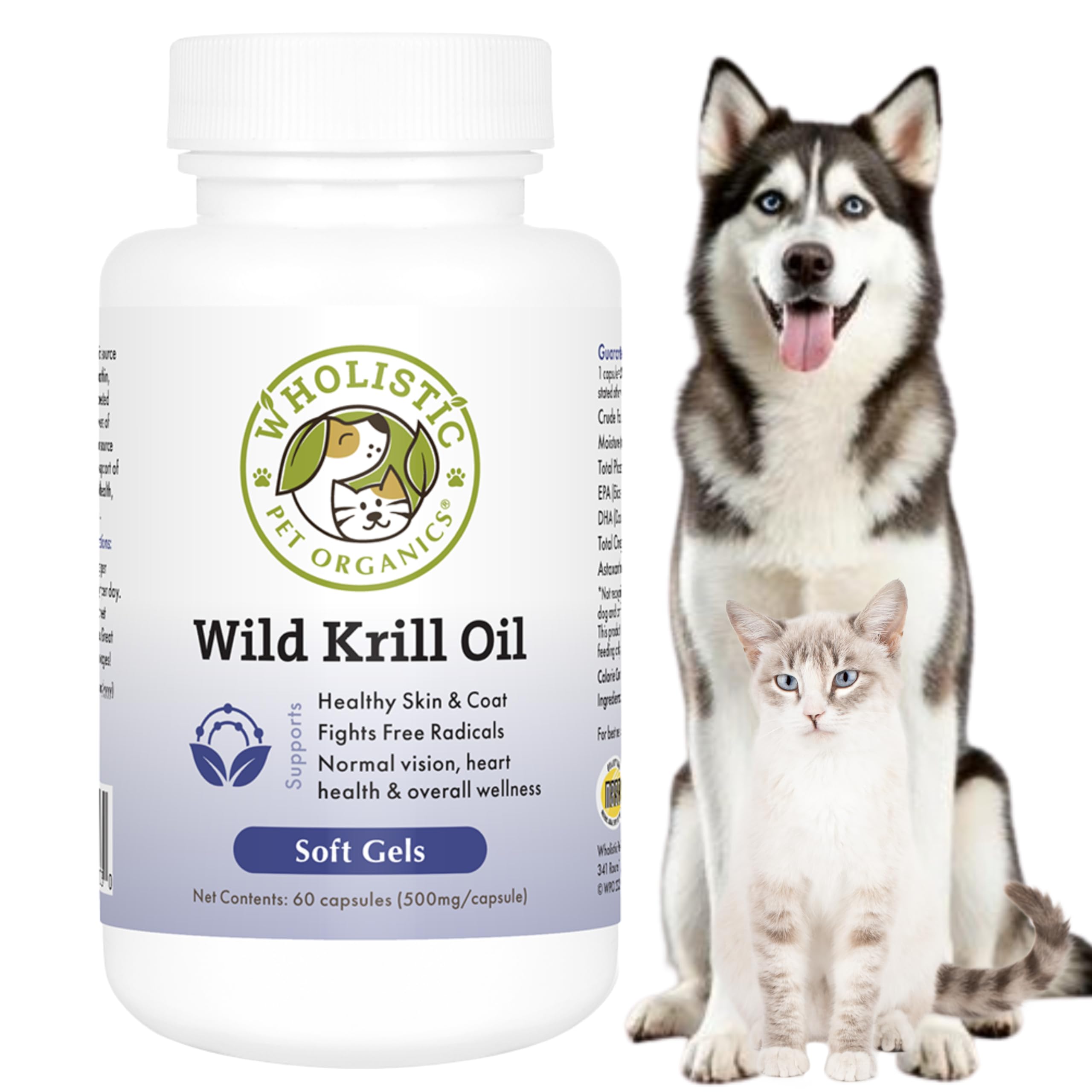 Wholistic Pet Organics Krill Oil bottle pour shows easy dosing for dogs and cats.