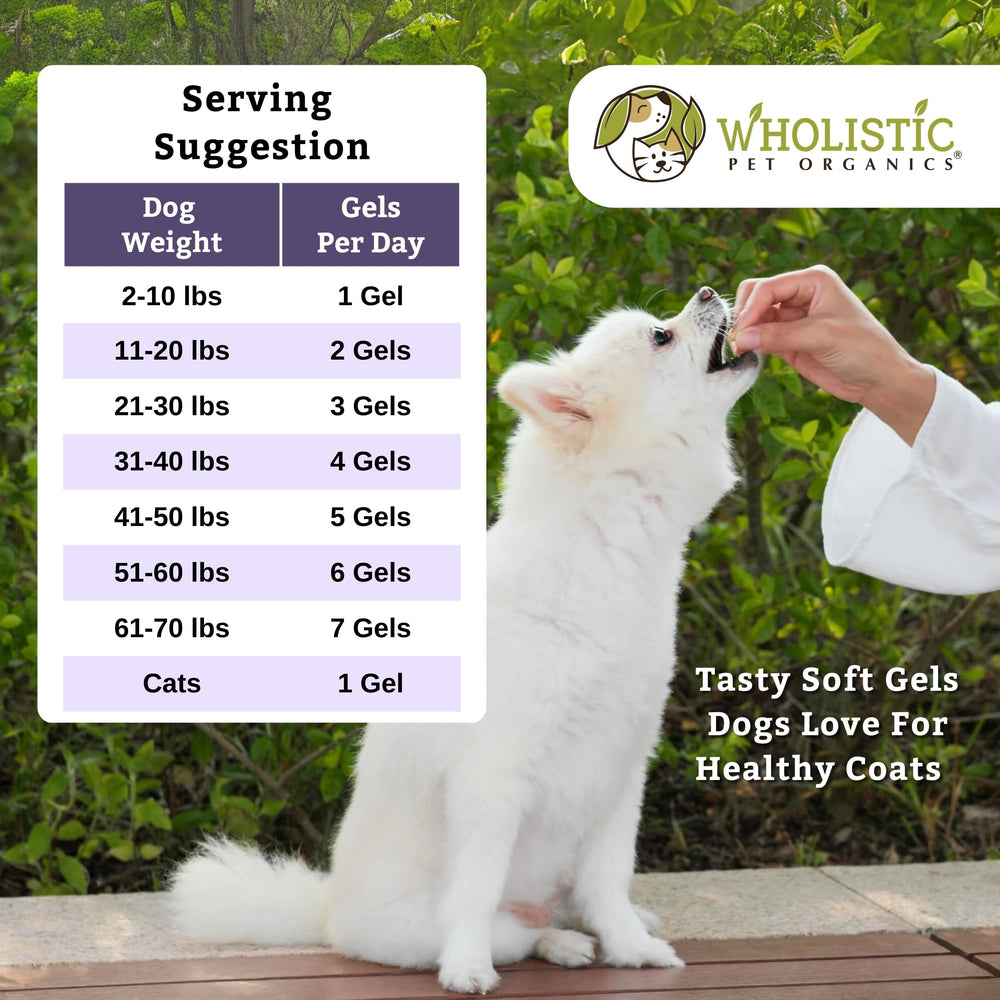 Wholistic Pet Organics Krill Oil low-odor capsules emphasize mess-free dosing.