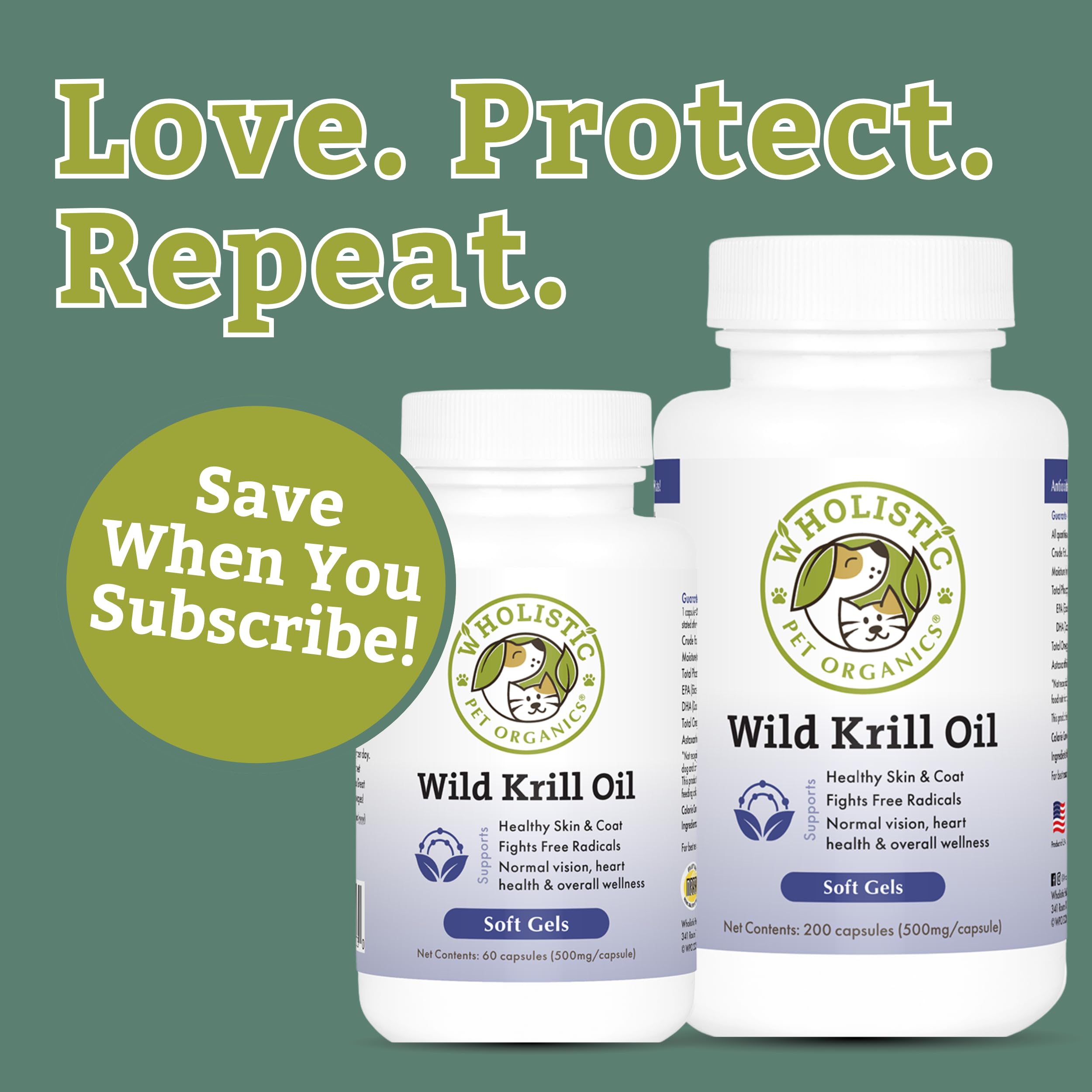 Wholistic Pet Organics Krill Oil softgel capsules ready for daily use with minimal odor.