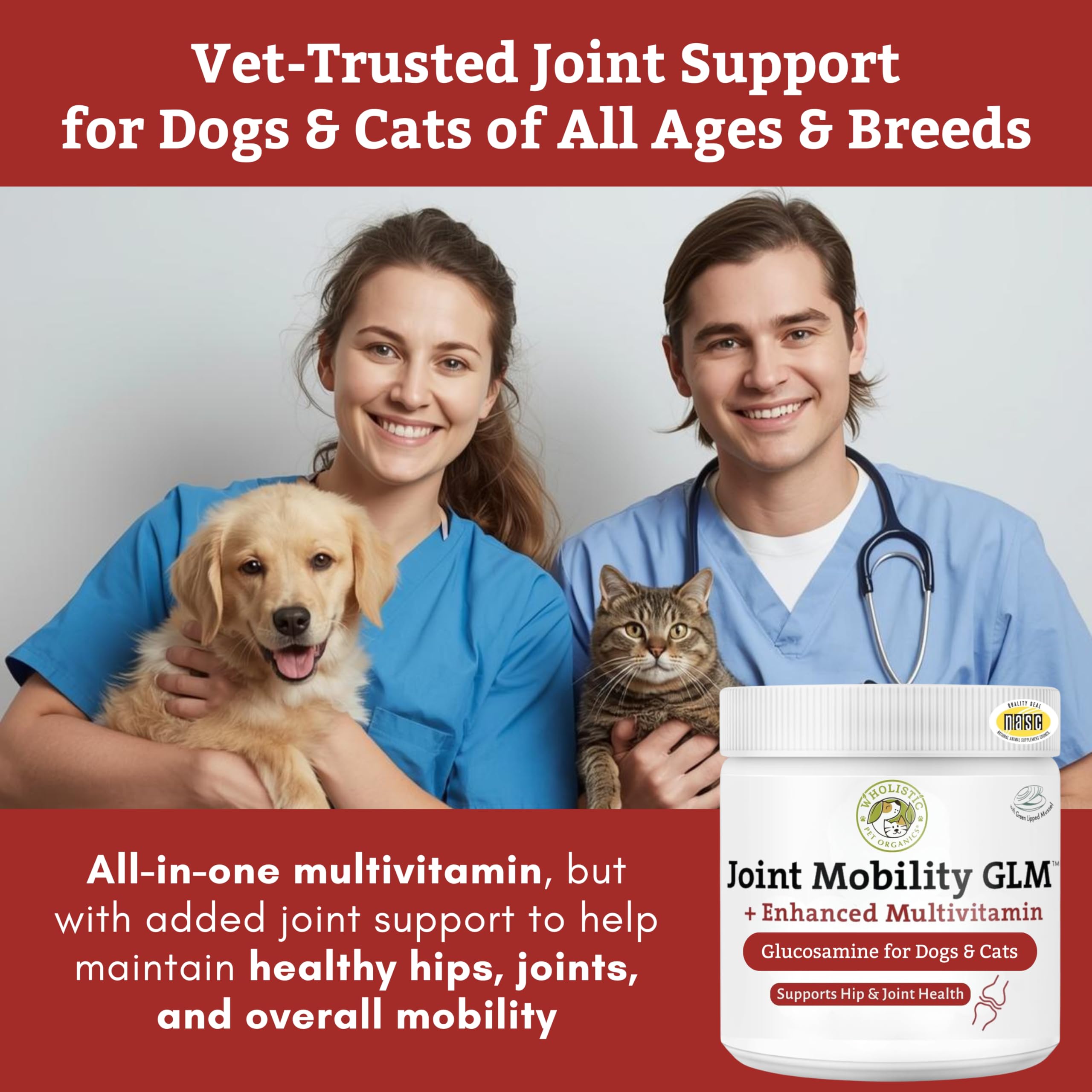Wholistic Pet Organics label close-up with glucosamine ingredients