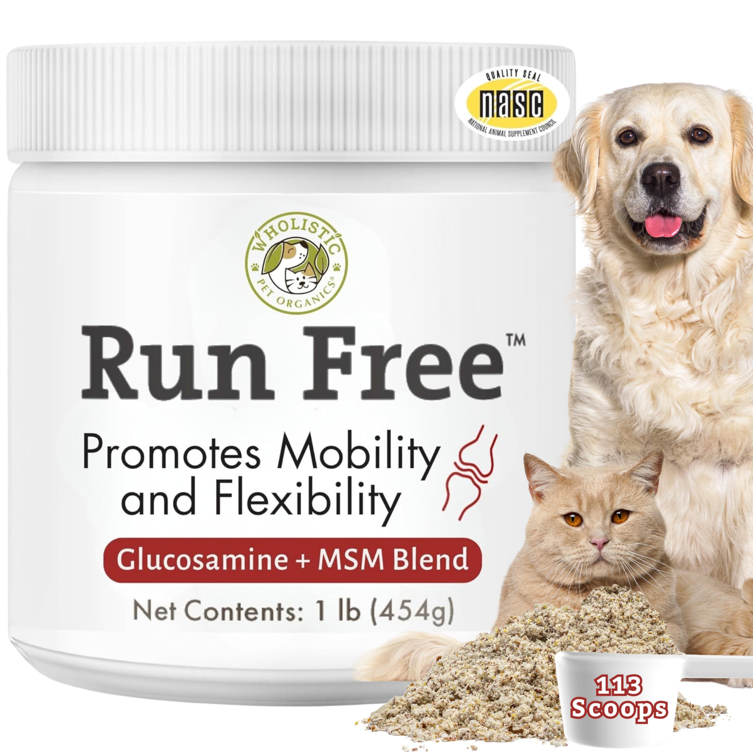 Wholistic Pet Organics Max Strength hip and joint bottle supports mobility for dogs and cats.
