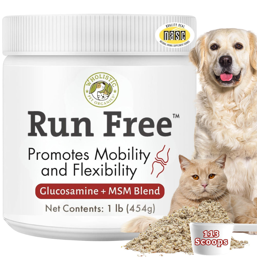 Wholistic Pet Organics Max Strength hip and joint bottle supports mobility for dogs and cats.