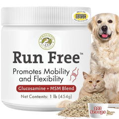 Wholistic Pet Organics Max Strength hip and joint bottle supports mobility for dogs and cats.