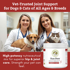 Wholistic Pet Organics hip joint powder being added to meals for daily mobility support.