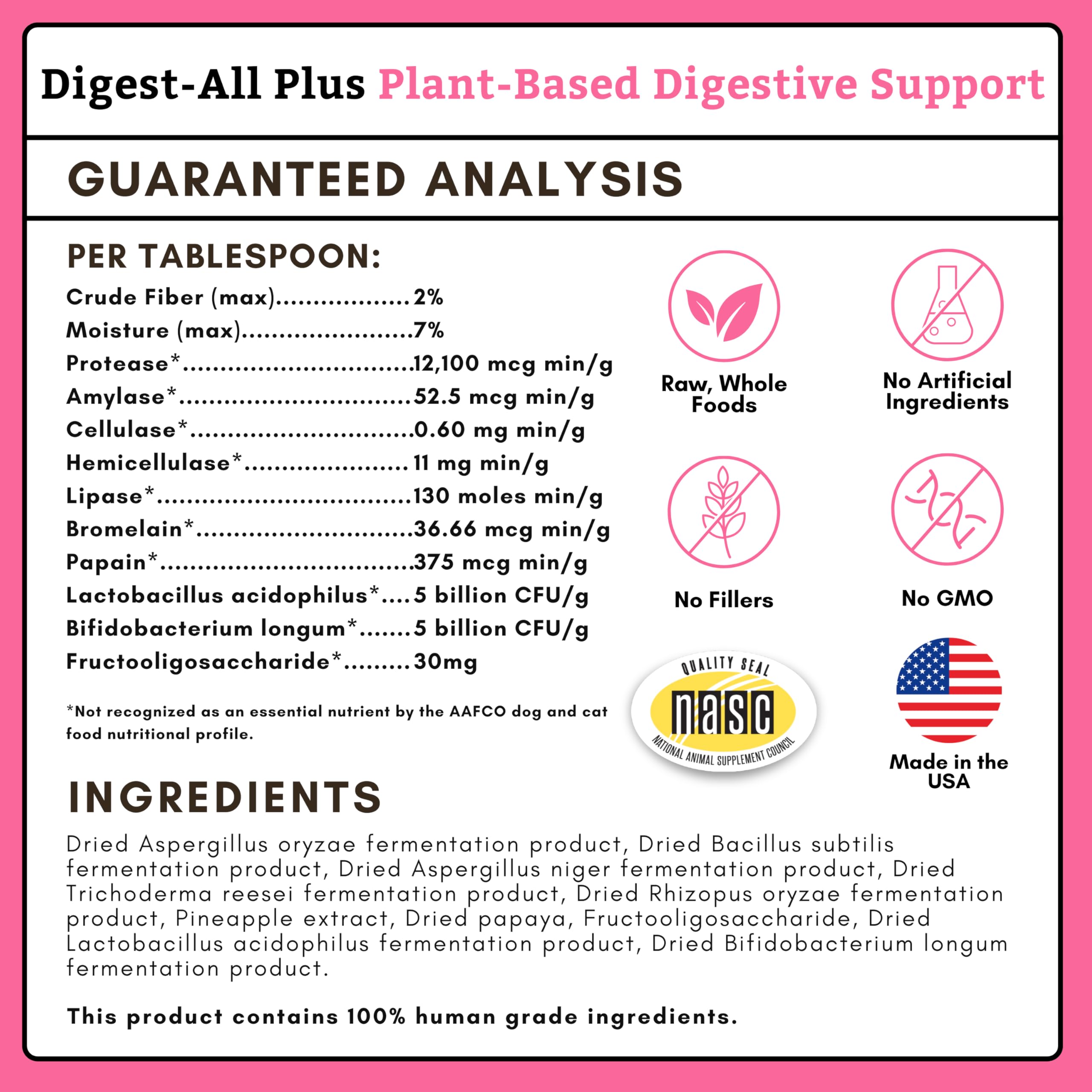 Wholistic Pet Organics organic digestive enzymes label indicating enzyme support.