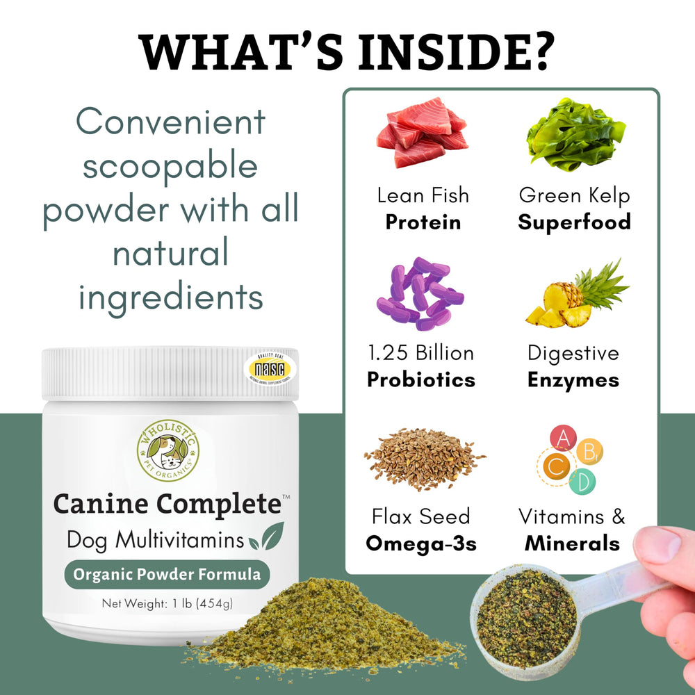 Wholistic Pet Organics ingredients highlight organic, non-GMO vitamins for dogs.