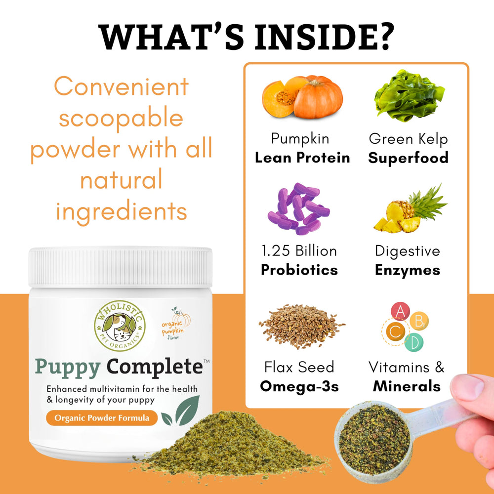 Wholistic Pet Organics Puppy Complete bottle close-up with label details