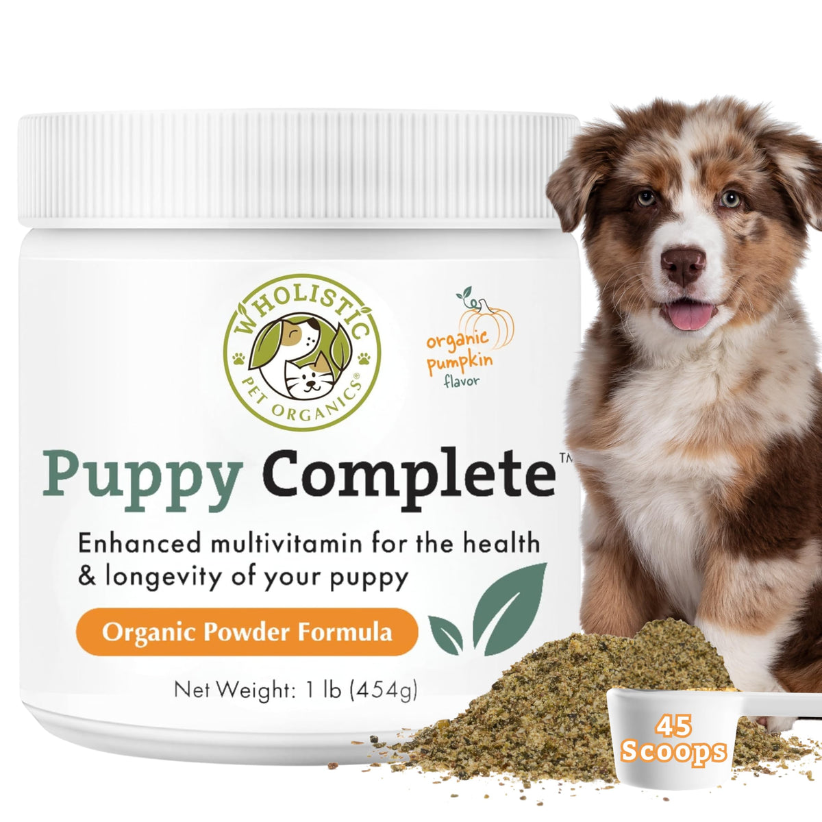 Wholistic Pet Organics Puppy Complete powder being poured for balanced nutrition