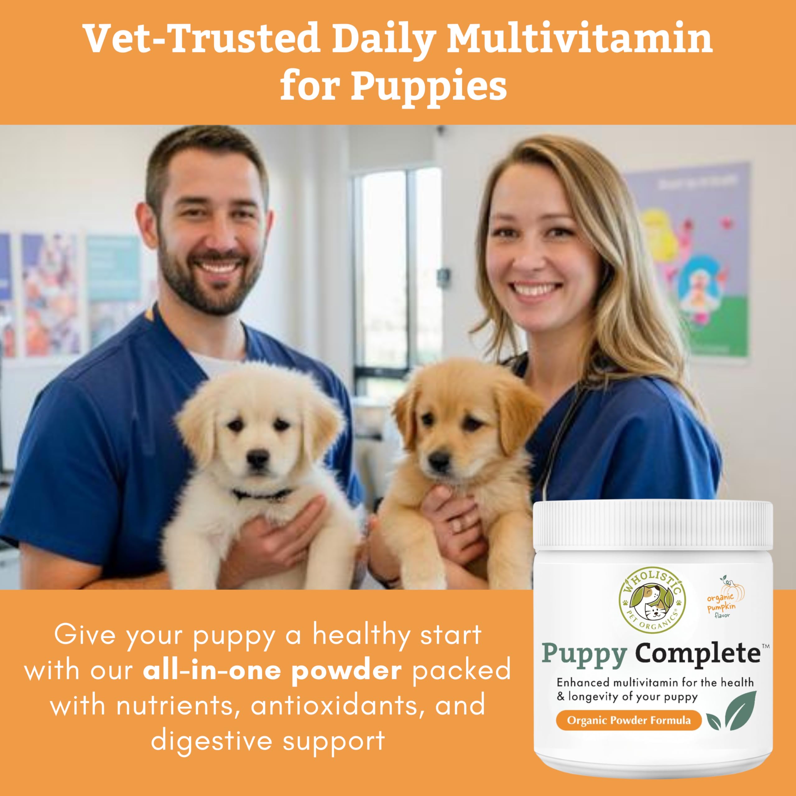 Wholistic Pet Organics Puppy Complete scoop showing daily serving