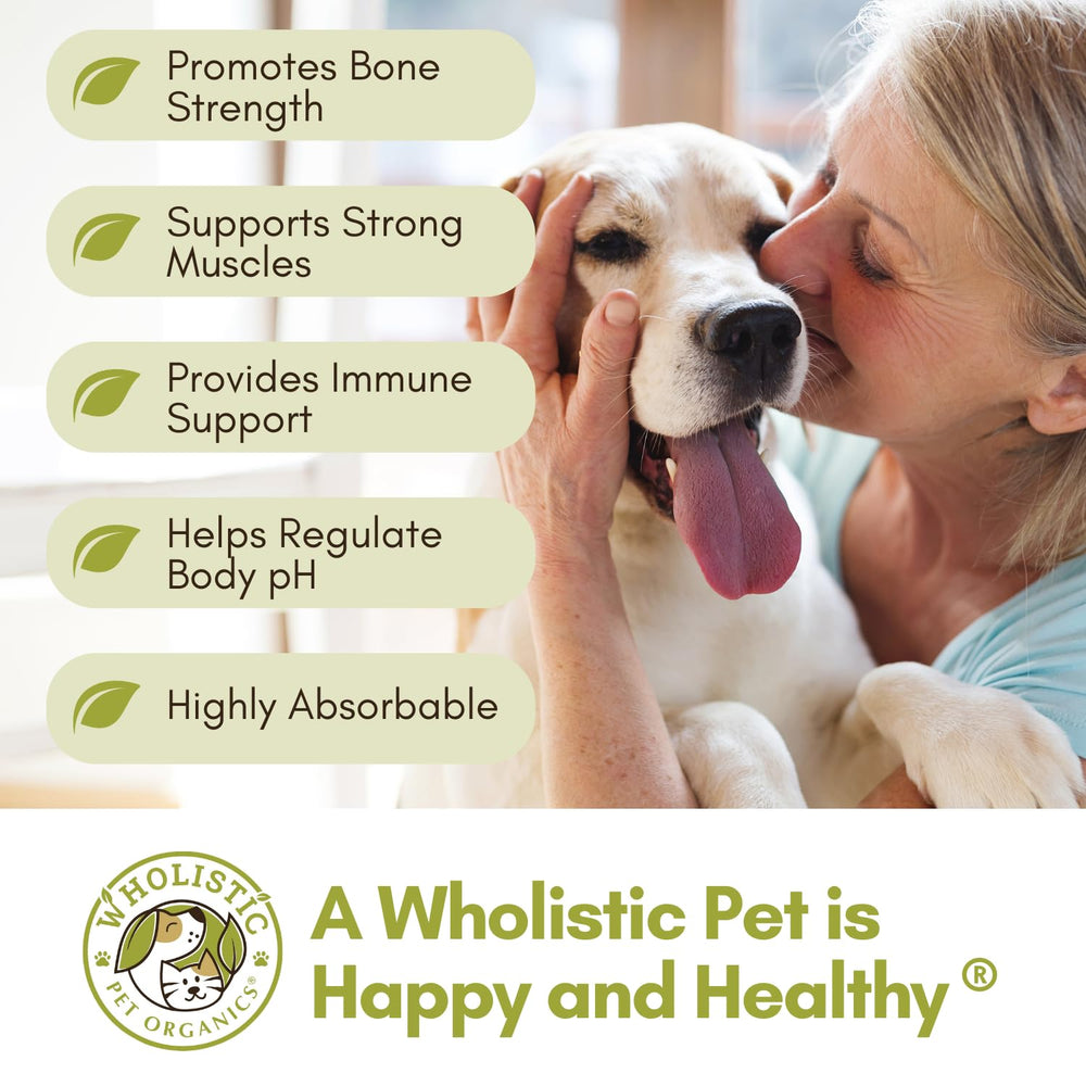 Wholistic Pet Organics calcium for cats, supports bone and dental health when added to food.