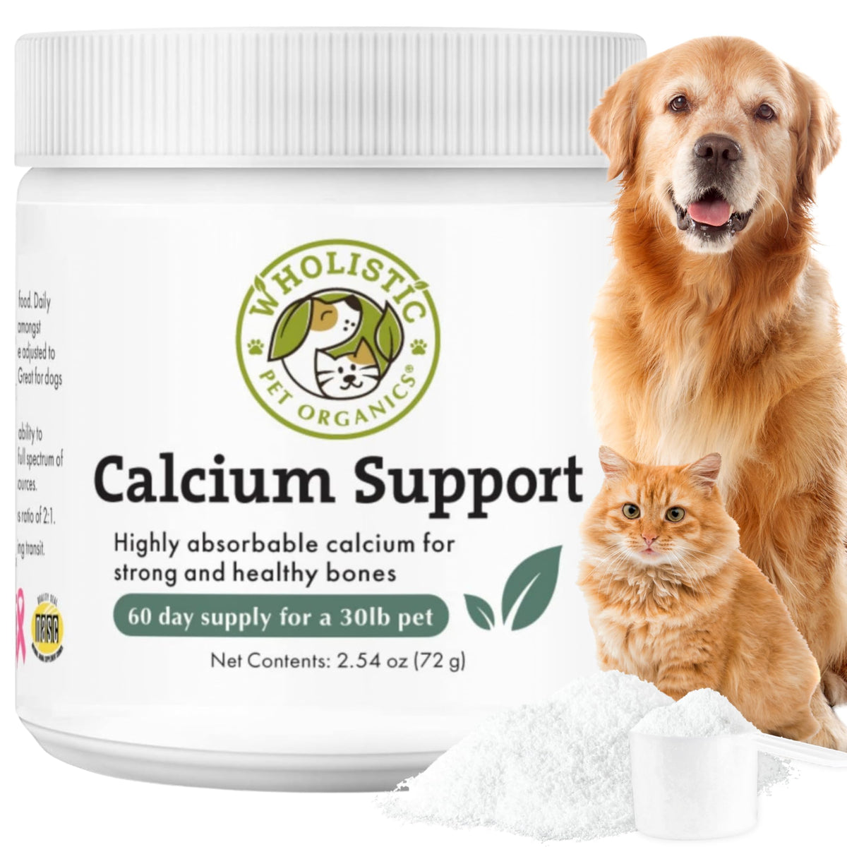 Wholistic Pet Organics calcium for dogs, blends into meals to support bones and teeth.