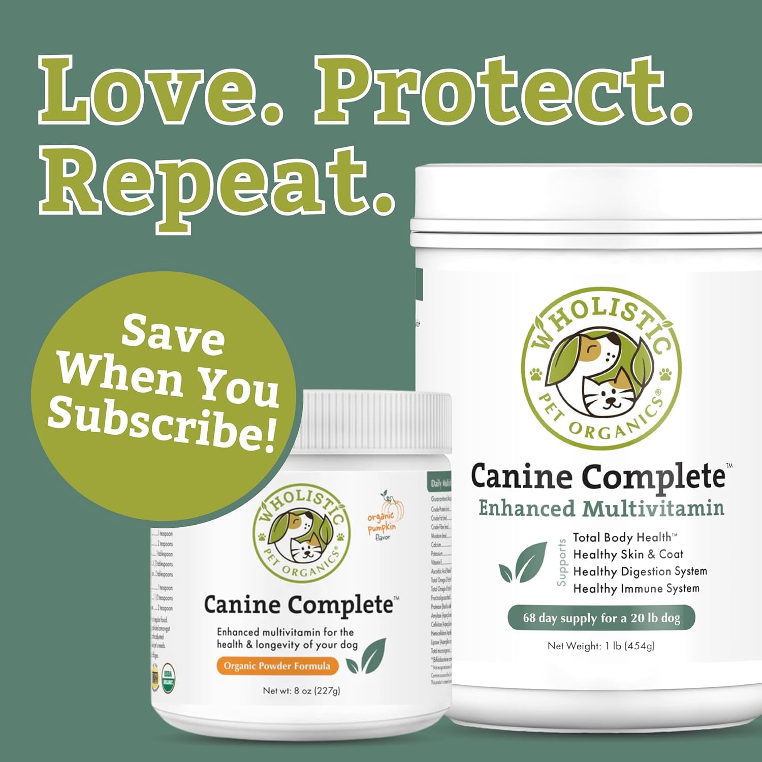 Wholistic Pet Organics ready-to-serve powder: quick daily dose.