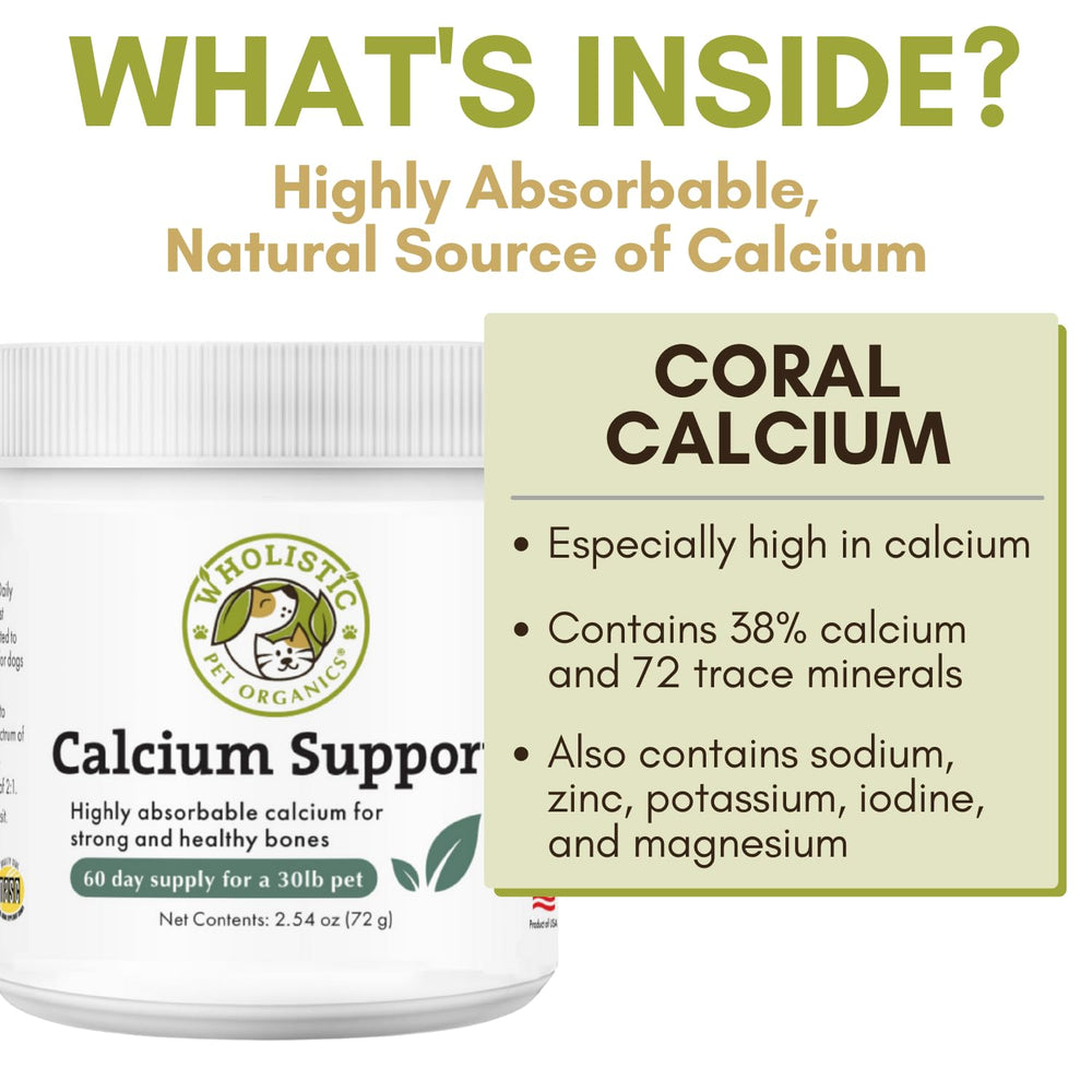 Wholistic Pet Organics Sea Coral Calcium bottle showing NASC-certified quality.